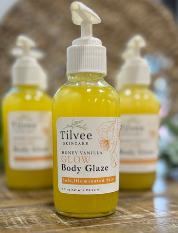 body glow, body glaze for radiant, moisturized plump looking skin. Honey vanilla scent. Bakuchiol extract, jojoba oil, plum oil, hibiscus oil. soft silky skin.