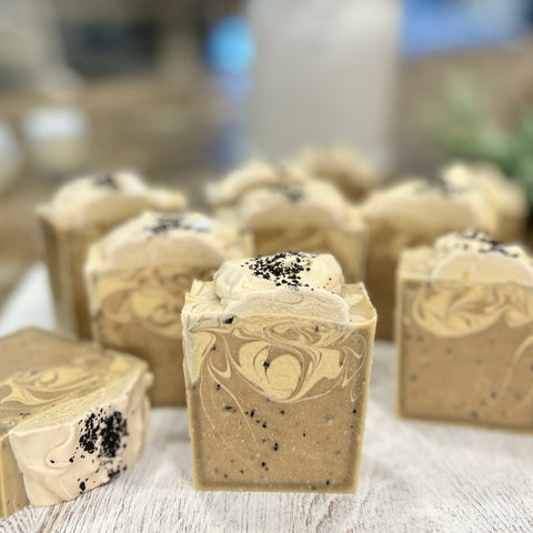 Coffee swirl soap is made with real coffee and real cocoa butter