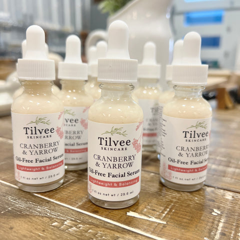 Cranberry and Yarrow Oil-Free Facial Serum in a 1 ounce glass bottle with a dropper. This serum is oil regulating and suitable for oily, combination, acne, problematic skin types.