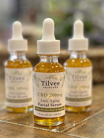 CBD 200 mg Anti-Aging Facial Serum in 1 ounce glass bottle.  Made with full spectrum CBD from organic industrial grown hemp. Key ingredients include COQ10, Prickly Pear Oil, Squalane and Blue Tansy Oil.