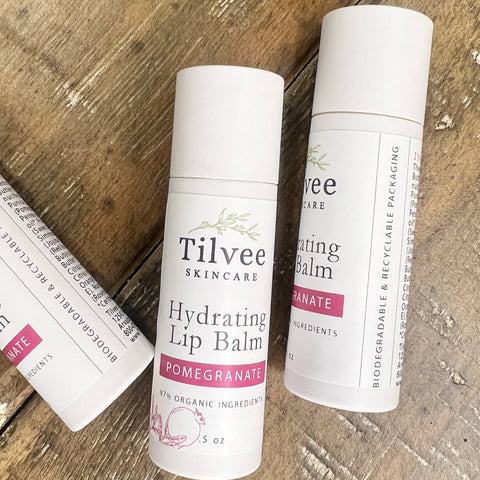Pomegranate lip balm. Biodegradable tubes. Eco friendly packaging.