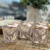 Coconut milk, chamomile and lavender soap is a creamy, gentle soap with a gorgeous purple design that comes from all natural alkanet root infusion. 