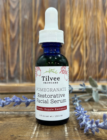 The Pomegranate Restorative Facial Serum is a luxurious face treatment rich in superfruits that smooths the appearance of wrinkles and provides ultimate nourishment with oils hand-pressed and blended in our lab.  -95% Organic Ingredients-