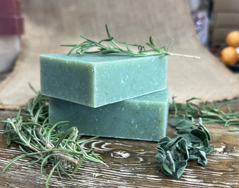 all natural artisan soap. Made with real rosemary and thyme herbs. 85% organic ingredients. 